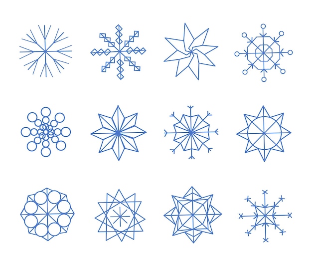 Sneeuwvlok logo set. Geometrisch abstract ornament, cirkel blauwe symbolen van ijs of ronde bevroren bloemen en sneeuwsterren, vorst decorelementen, kerstvlokken, vector geïsoleerde pictogrammen