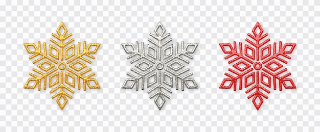 Sneeuwvlokken instellen. sprankelende gouden, zilveren en rode sneeuwvlokken met glitter textuur geïsoleerd op transparant.