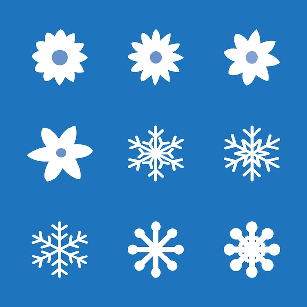 Sneeuwvlokken pictogrammen instellen vectorillustratie witte sneeuwvlokken op blauwe achtergrond sneeuw ontwerpelementen