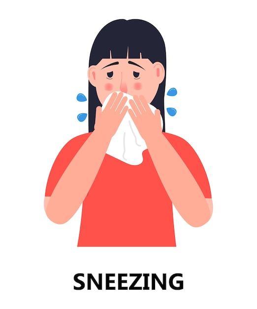 Vector sneezing cough girl icon vector flu cold coronavirus symptom is shown