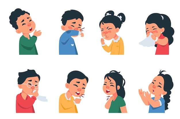 Sneezing kids. cartoon boys and girls characters coughing and catching flu, coronavirus disease symptoms and prevention concept. vector kids with virus infection sneezes, cough, headache