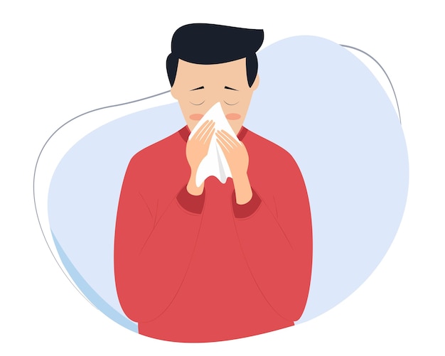 Vector sneezing man icon vector illustration. illustration of man sneezing covering nose with tissue. flu