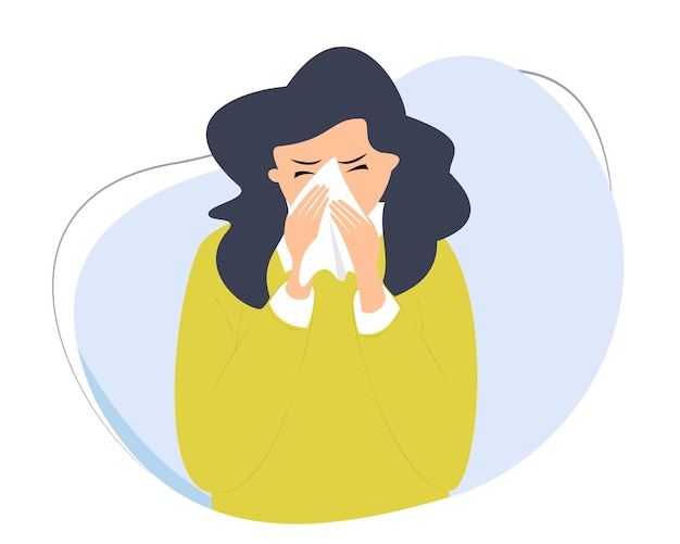 Vector sneezing woman. illustration of a sneezing woman covering her nose with a tissue. flu