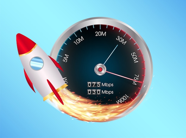 Vector snel internet snelheid test meter met speelgoed ruimte raket