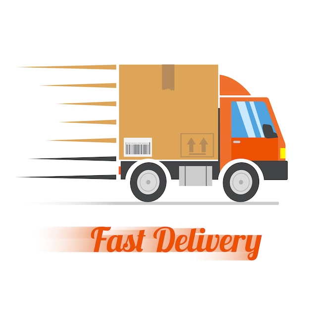 Snel leveringsconcept. vrachtwagen die een groot kartonnen pakket vervoert.