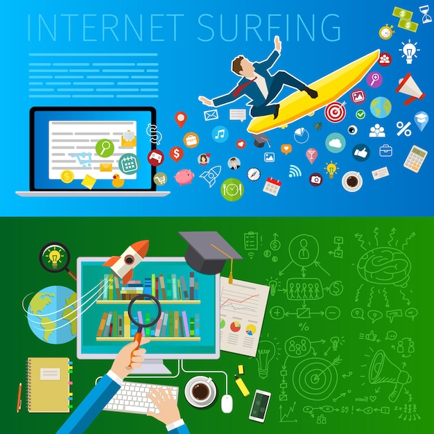 Snel mobiel internetten. Zakenman op surfplank. Platte ontwerp, vectorillustratie