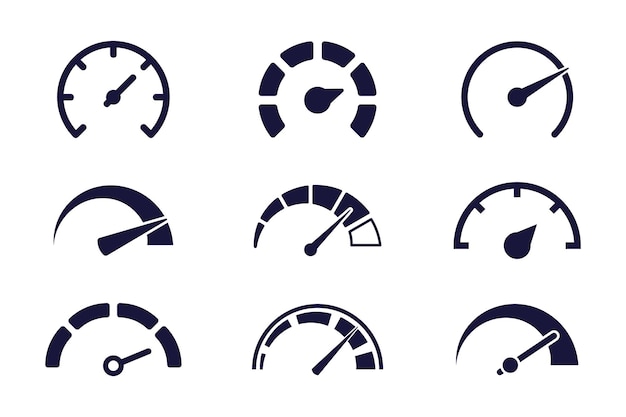 Snelheidsborden Snelheidsmeter zwarte pictogrammen ingesteld Snelheidsindicatoren met pijlen Hoge snelheid Internet snelheidsmeter dashboardindicator toerenteller schaal Credit score-indicator Risiconiveaus meterpictogram