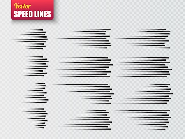 Snelheidslijnen geïsoleerde set. Bewegingseffect voor uw ontwerp. Zwarte lijnen