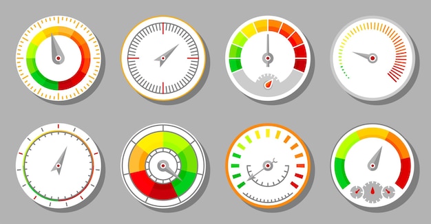 Snelheidsmeter dashboard interface indicator platte set snelheid vervoer meting verkeer belasting vooruitgang paneel sticker symbool rijkracht kleurrijke race downloaden internet technologie pictogram geïsoleerd wit