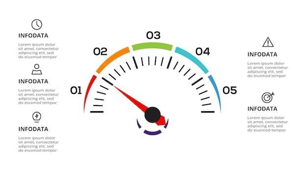 Snelheidsmeter infographic met 5 elementen sjabloon voor web zakelijke presentaties vector illustratie Bedrijfsgegevens visualisatie