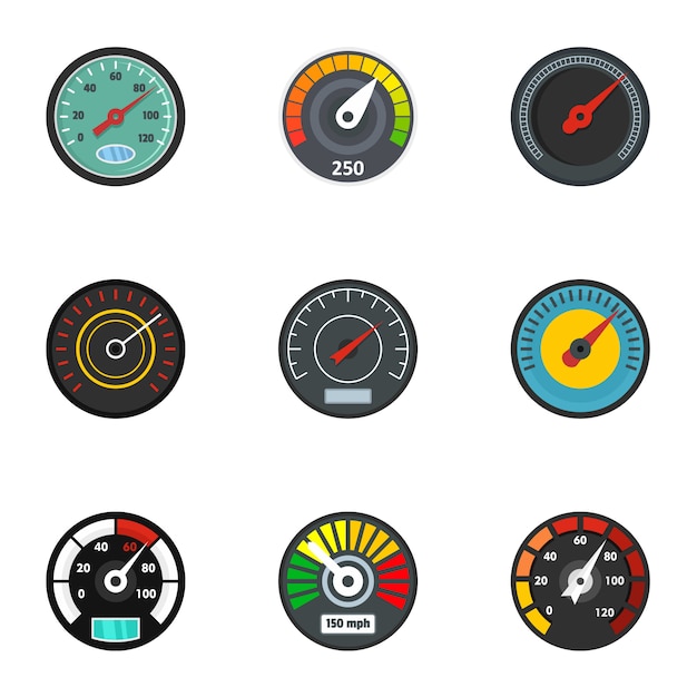 Snelheidsmeter pictogramserie. platte set van 9 snelheidsmeter vector iconen