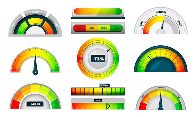 Snelheidsmeterindicator Energie- en snelheidsmeting wijzerplaat met pijlsnelheidsmeter en nummer efficiënte dashboardmeter voor voortgangsrapport Vector set