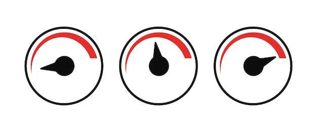 Snelheidstest ingesteld pictogram Cirkel met pijl en schaal Minimale gemiddelde en maximale snelheid Brandstofniveau in de tank Vectorlijnpictogram voor bedrijven en reclame