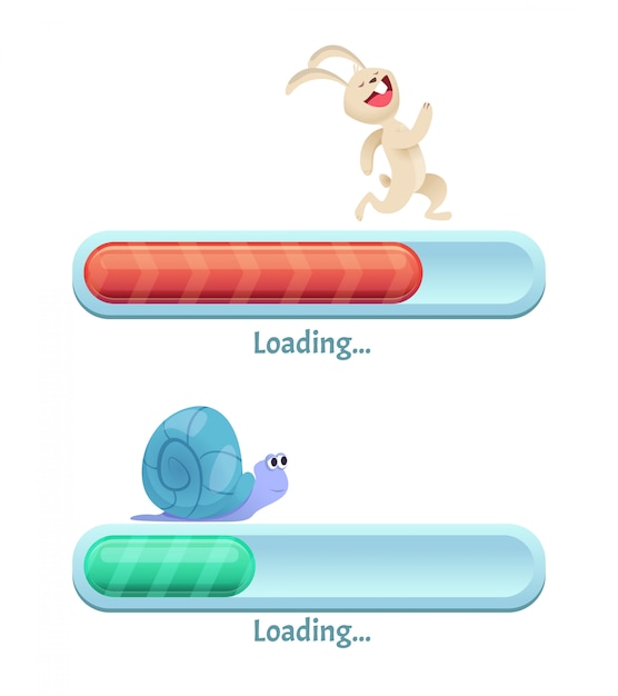 Snelle downloadbalk. bedrijf van computer internet conection type snelle konijn en trage slak in dynamische poses cartoon ui