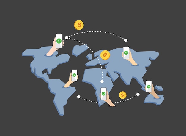 Snelle geldoverdrachten over de hele wereld Platte vectorillustratie Wereldwijde overdracht van bankgelden C