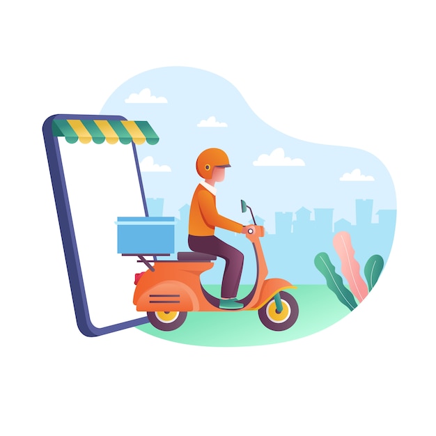 Snelle levering van goederen per scooter. het concept van e-commerce