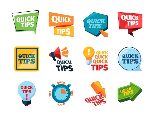 Snelle tips Promolabels idee herinnering stickers educatieve berichten denktekens creatief gekleurd idee logo's opzichtig vector snelle tips set