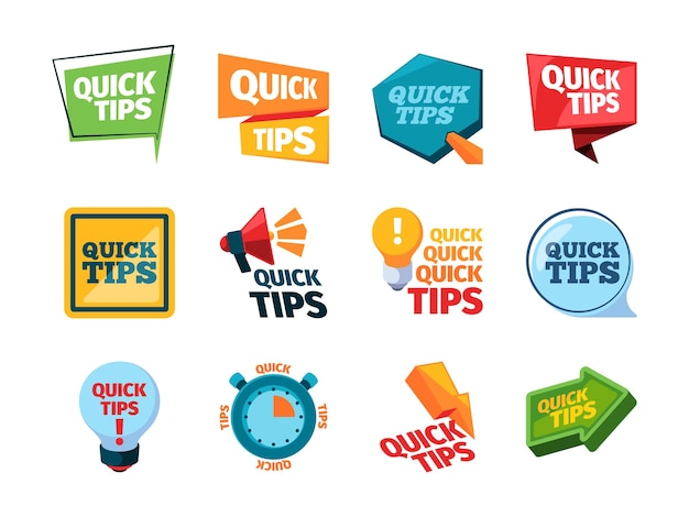 Snelle tips promolabels idee herinnering stickers educatieve berichten denktekens creatief gekleurd idee logo's opzichtig vector snelle tips set