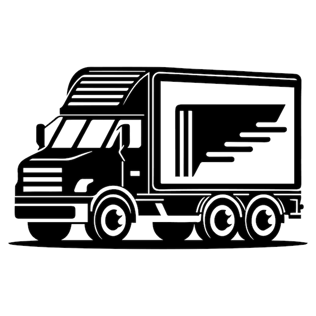 Snelle verzending levering vrachtwagen platte pictogram vector zwarte omtrek ontwerp, verzending vrachtwagen vector