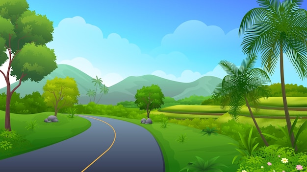 Vector snelweg asfaltweg met prachtig rijstveld, bomen en berglandschap