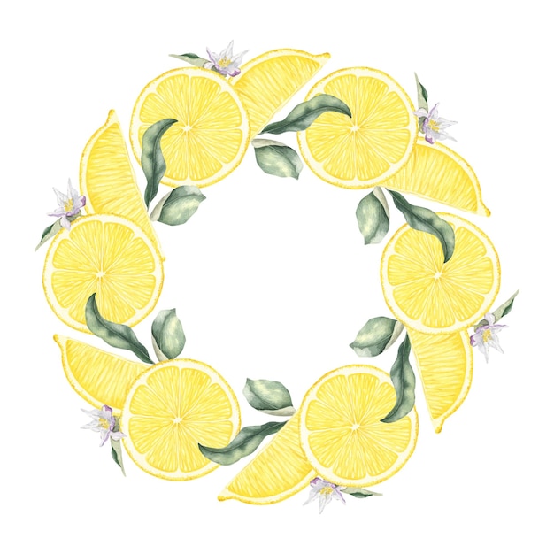 Snijden citroenvruchten bloemen en bladeren geïsoleerd met de hand getekend aquarel kader tropische citrusvruchten sjabloon voor menu pakket cosmetische textielkaarten