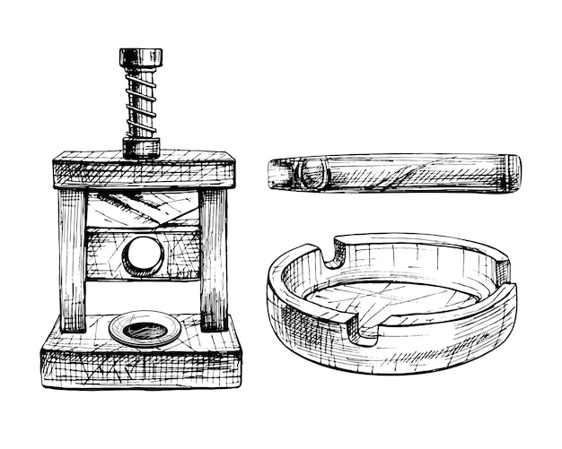 Snijden guillotine sigaar en asbak Vintage uitkomen kleur illustratie geïsoleerd op wit