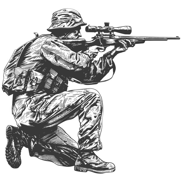 Vector sniper army soldier in action full body image using old engraving style