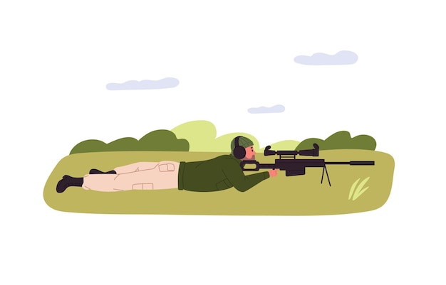 Sniper schutter met geweer pistool in liggende houding buitenshuis Scherpschutter man met jachtgeweer opleiding op schietbaan in de natuur wijzen platte vectorillustratie geïsoleerd op witte achtergrond