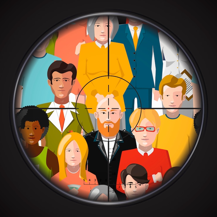 Vector sniper takes aim at criminals in a crowd, flat illustration
