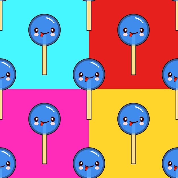 Snoep naadloos Snoep lolly karakter met gelukkige kawaii gezichten op gele achtergrond Platte ontwerp vectorillustratie