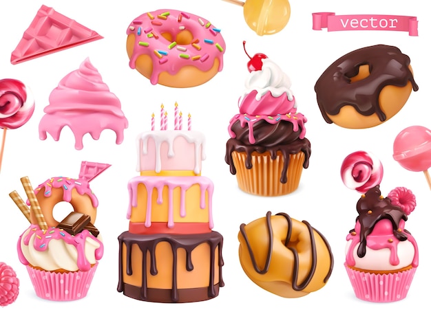 Snoepjes 3D-vector realistische objecten. Cupcakes, cake, donuts, snoep.