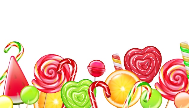 Vector snoepjes citrus wielen spiraal karamel bloemen wandelstokken lollies realistische grenssamenstelling