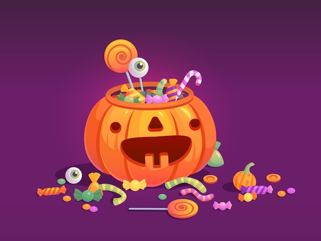 Snoepjes in pompoenzak Halloween-pompoenen emmer volle snoepdoos of chocolade smakelijke truffelsnoepjes trickortreating feesttas voor gelukkige kinderen ingenieuze vectorillustratie
