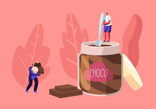 Snoepliefhebbers en zoetekauw mensen Concept met kleine mannelijke karakter houden lepel staan op enorme pot Choco Paste eten, Cartoon vlakke afbeelding