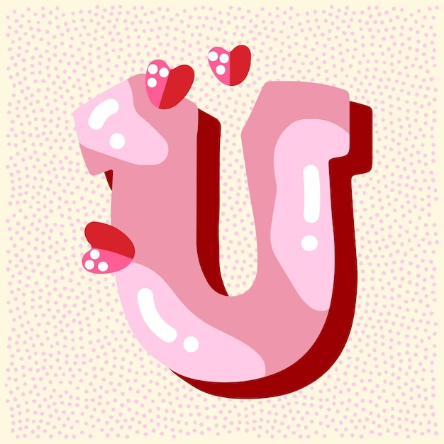 Vector snoeproze glanzend lettertypeontwerp pastelroze en papieren hartdecorletters abc sweets for girls letter u