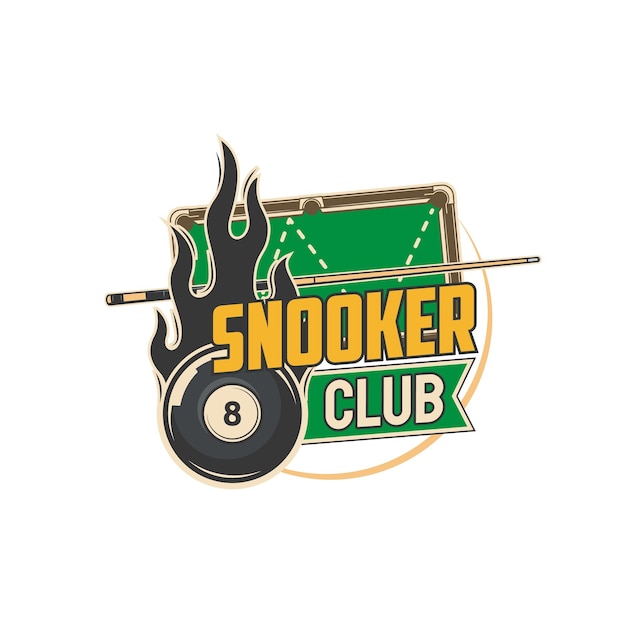 Snooker club pictogram pool biljart kampioenschap snooker spel club toernooi vector embleem sticker of retro pictogram met zwarte acht bal in vlammen keu en biljarttafel