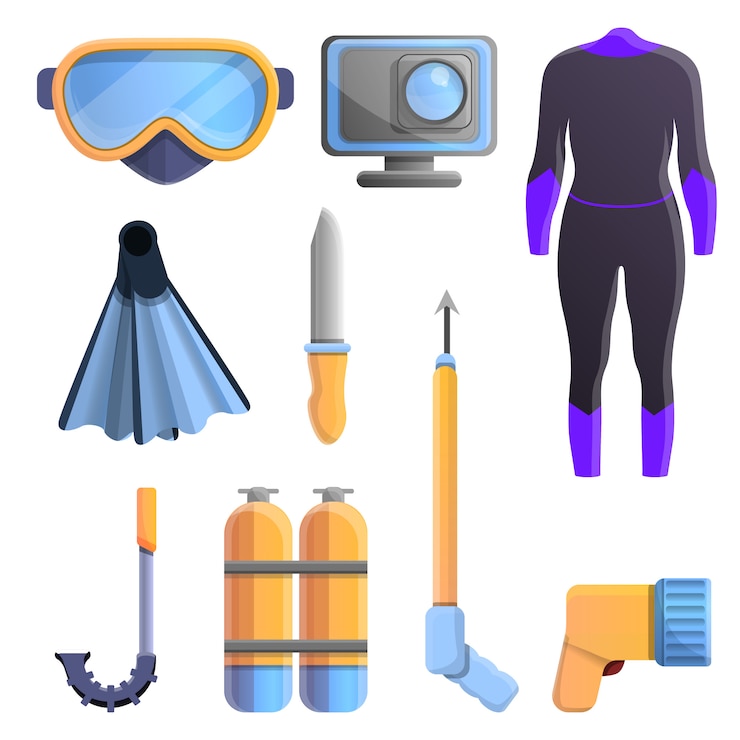 Vector snorkeling equipment icons set, cartoon style