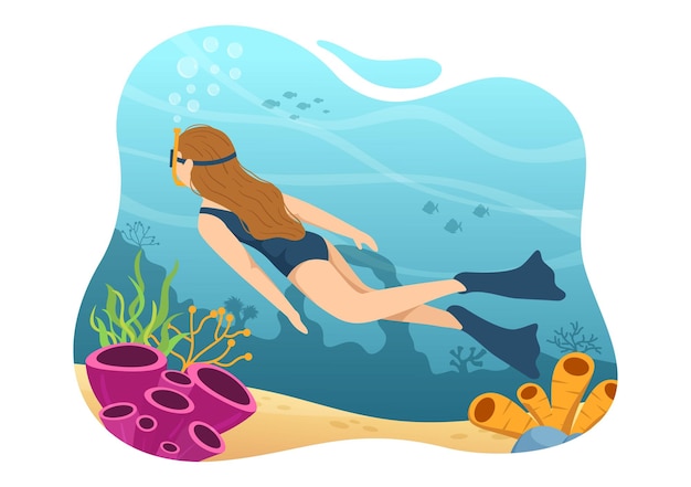 Vector snorkeling illustration with underwater swimming exploring sea coral reef or fish in the ocean