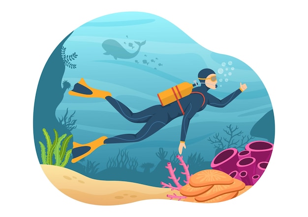 ベクトル 水中水泳で海のサンゴ礁や魚を探索するシュノーケリングのイラスト