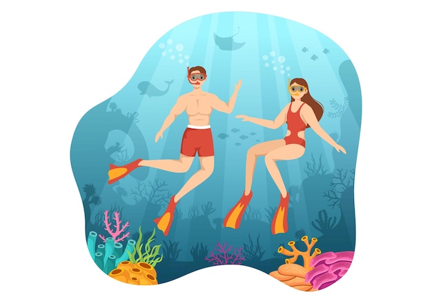 Vector snorkeling illustration with underwater swimming exploring sea or fish in the ocean for landing page