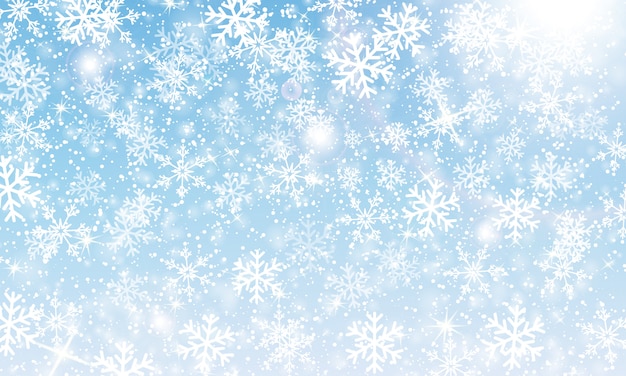 Snow background.  illustration. winter snowfall. white snowflakes on blue sky. christmas background. falling snow.