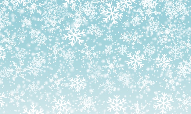 Snow background.  illustration. Winter snowfall. White snowflakes on blue sky. Christmas background. Falling snow.