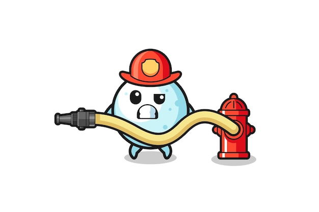 Vettore cartone animato palla di neve come mascotte pompiere con tubo dell'acqua