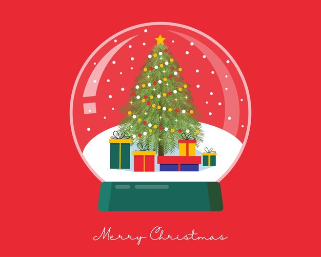 Snow ball with Christmas pine tree and gift boxes and snow on red background Vector design template