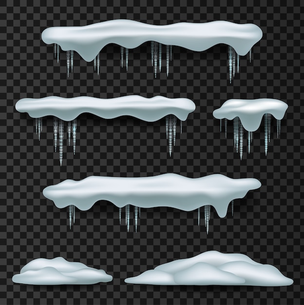 Vector snow caps. snowcap, pile, icicles, isolated on background, transparent, ice, snowball and snowdrift.