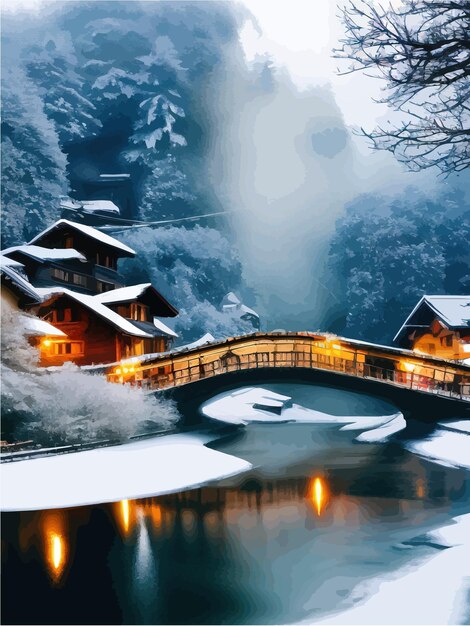 Vettore nel castello di neve vecchio castello in stile bosco città fotorealistica tranquillo fiume ponte di pietra distante