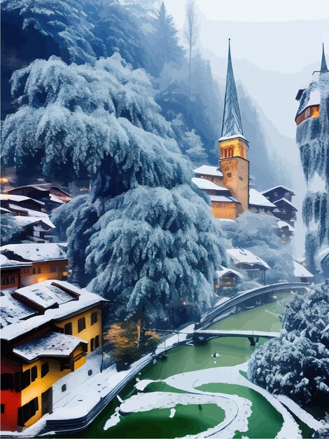 Vettore nel castello di neve vecchio castello in stile bosco città fotorealistica tranquillo fiume ponte di pietra distante