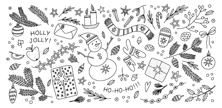Vector snow christmas doodles xmas snowflakes and fir branches vintage art tree icons winter gifts and snowman gifts and garlands cozy clothes happy celebration vector cartoon illustration