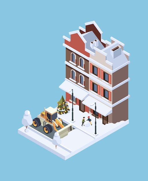 Pulizia della neve tempesta inverno freddo veicolo urbano pulitore di ghiaccio vettore sgargiante concetto isometrico illustrazione 3d low poly