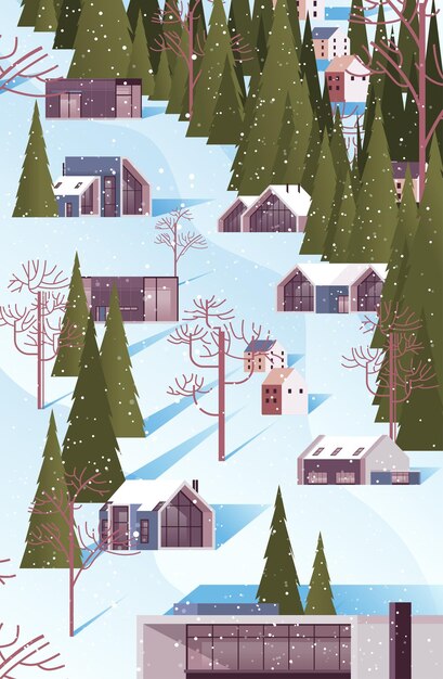 Snow covered buildings in winter season residential houses area\
ski resort concept new year and christmas celebration landscape\
background vertical vector illustration